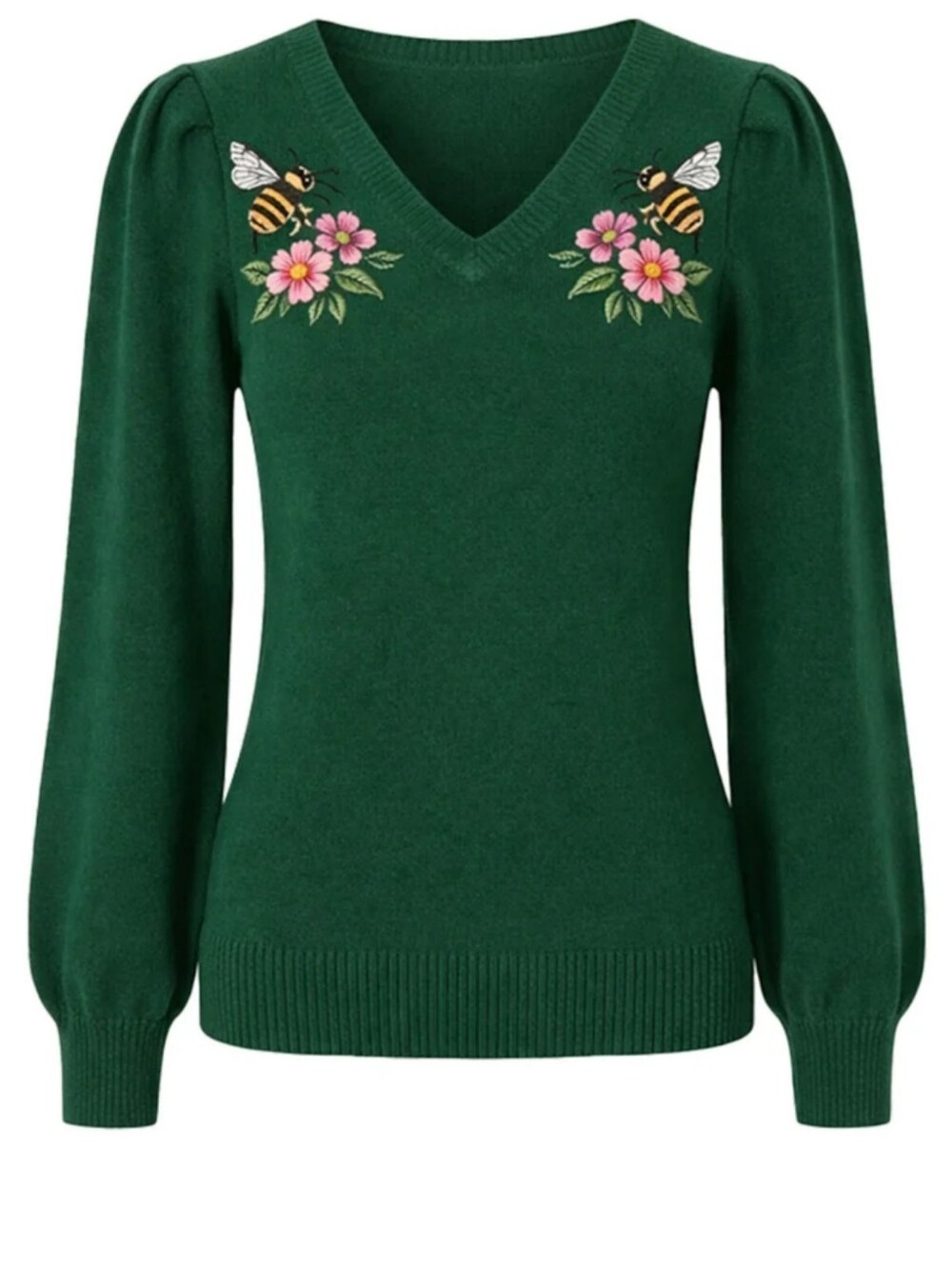 Vintage  Winter Green Sweater With Embroiderd Bees